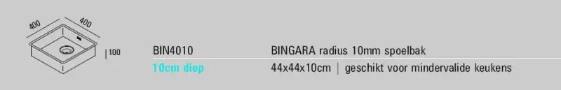 ABK Bingara mělký nerezový dřez pro zdravotně postižené, hloubka 10 cm, rozměry 40x40 cm, montáž do roviny, spodní a horní montáž BIN4010FVI