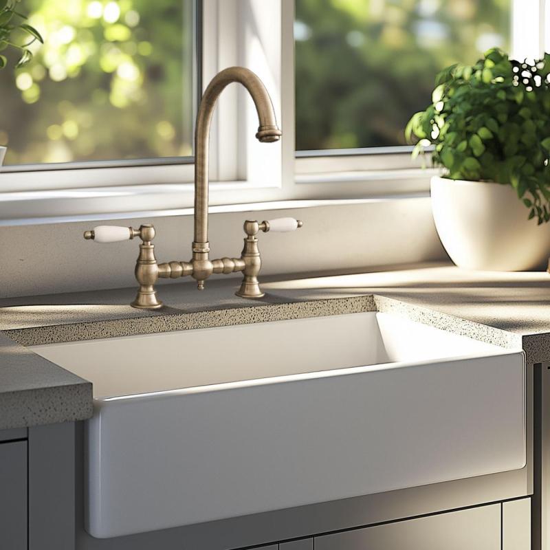 PB Nostalgická mostová kuchyňská baterie bronzová s oblým výtokem a bílými rukojeťmi PBN.BRO.R.WH