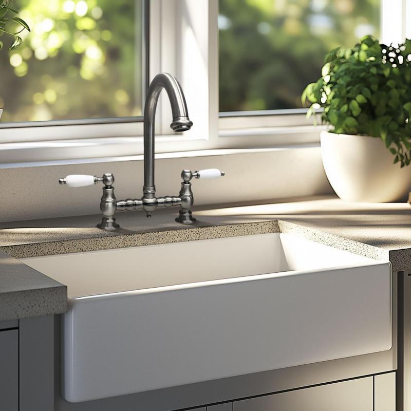 PB Nostalgický kuchyňský kohoutek s obloukem z nerezové oceli s bílými rukojeťmi PBN.RVS.R.WH