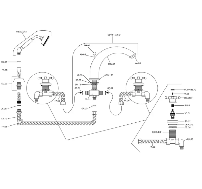 Huber Victorian 4-otvorová vanová baterie s příslušenstvím pro sprchu z nerezové oceli RVS VT0002602A
