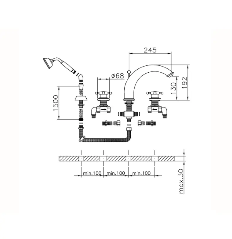 Huber Victorian 4-otvorová vanová baterie se sprchovou soupravou zlatá VT0002602G