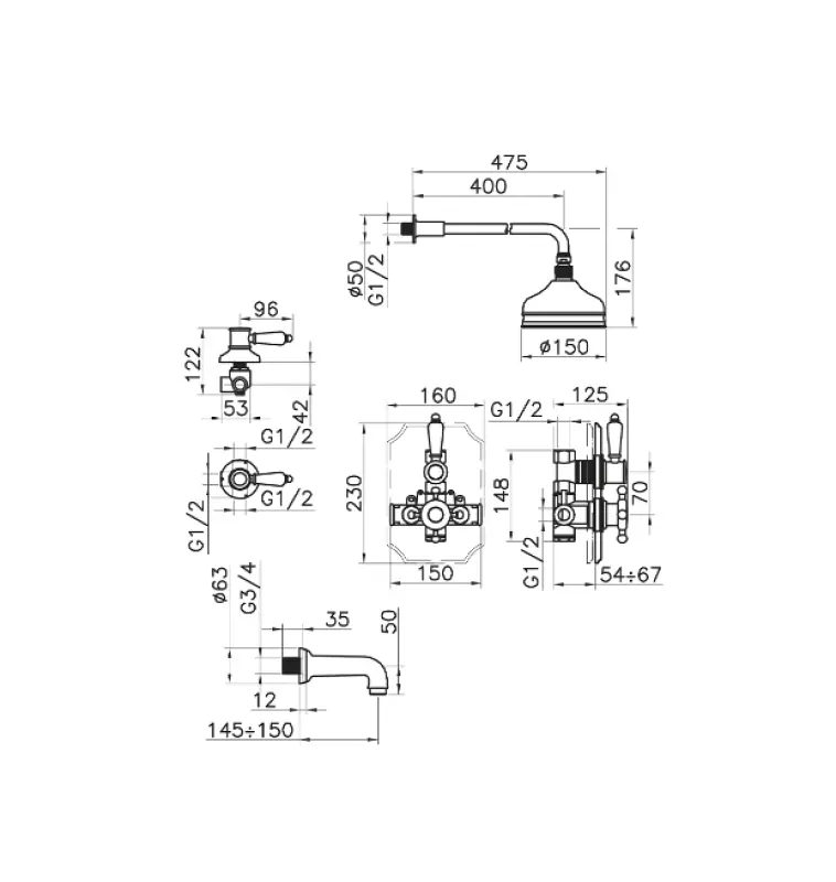 Huber Victorian Termostatická Vestavěná Sprchová Sada Bronz 916.VT01H.BA
