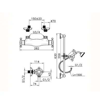 Huber Victorian Thermostatic shower mixer with sliding bar Stainless Steel VTS010102A