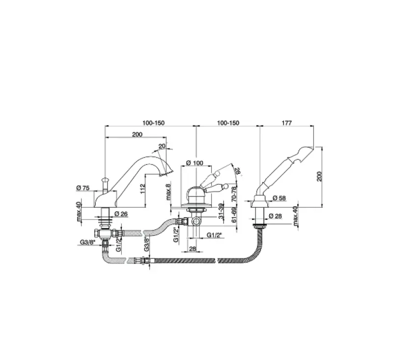 Cisal Arcana Empress 3-otvorová vanová baterie s ruční sprchou Chrom EM00126021
