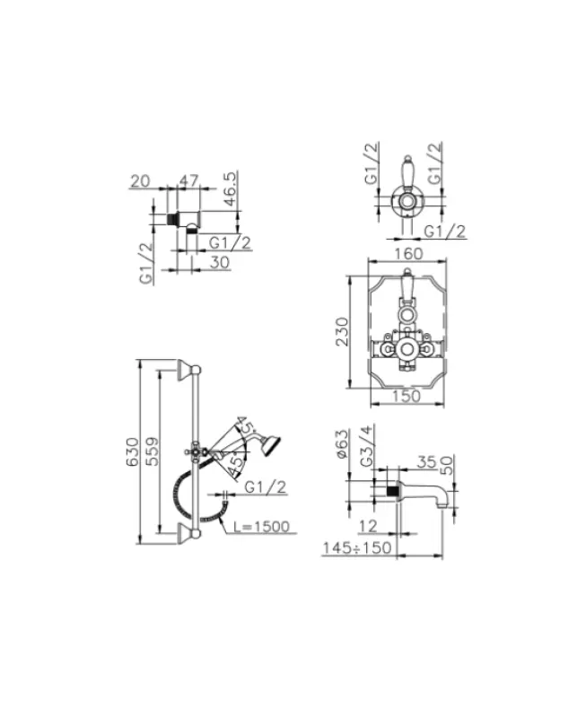Huber Victorian Termostatická Vestavěná Sada Sprchového Koutu do Vany Chrom 914.VT01H.CR