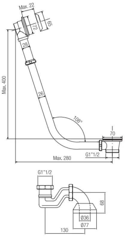 PB odtok s řetízkem pro volně stojící vanu Nerezová ocel 1208676992