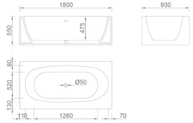Solid-S Samostatně stojící vana Recto z materiálu Solid Surface (Corian), rozměry D180 x Š93 x V55 cm, matná bílá, poslední kus na skladě