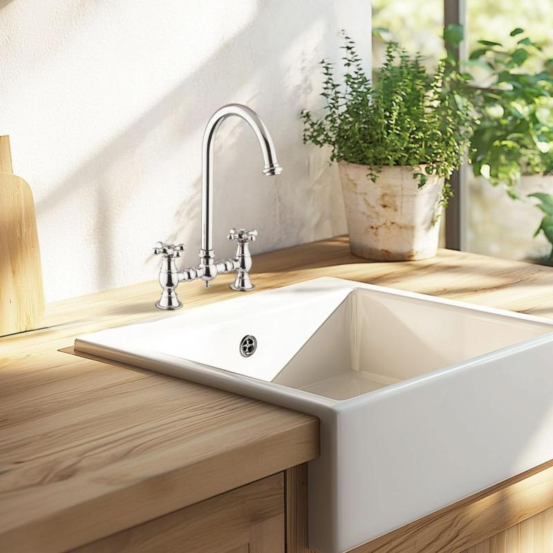 PB Nostalgická kuchyňská baterie Chrom s kulatým výtokem a hvězdicovými kohoutky PBN.CHR.R.ST