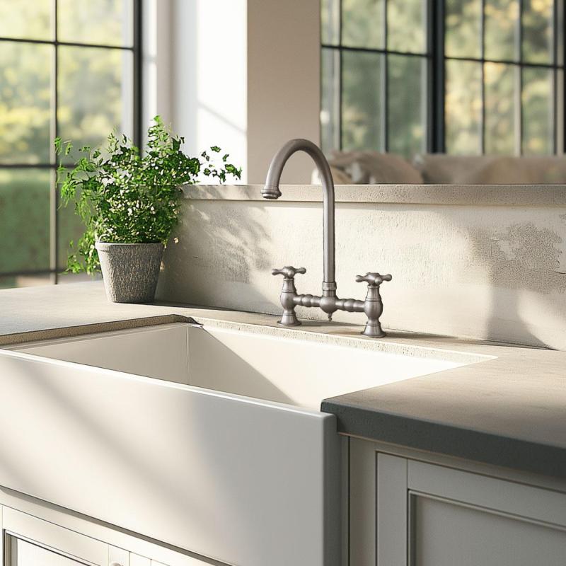 PB Nostalgická kuchyňská baterie s kulatým výtokem a hvězdicovými kohoutky PBN.RVS.R.ST