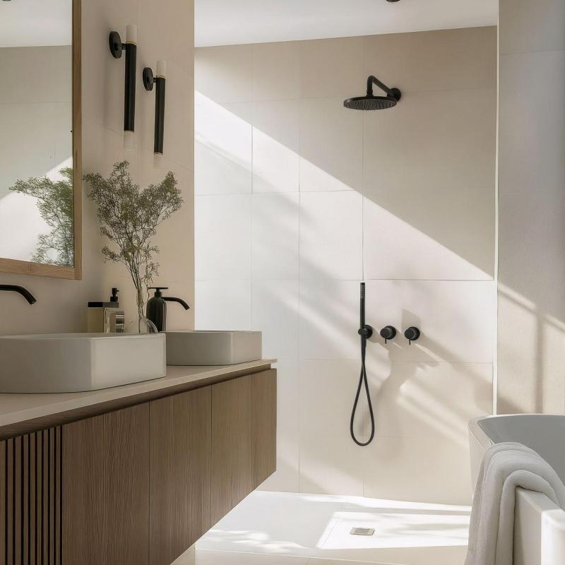 Waterevolution Flow vestavěná sprchová sada matná černá s termostatem, dešťovou sprchou a ruční sprchou 1208846402