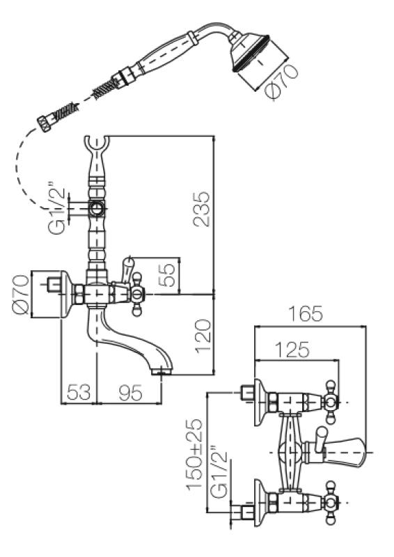 PB klasická baterie, povrchová instalace, s pevnými kohoutky, bronzová, včetně ruční sprchy 1208855162