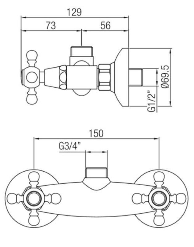 PB klasická baterie, nástěnná sprchová baterie se starovými kohoutky, nerezová horní přípojka 1208855322