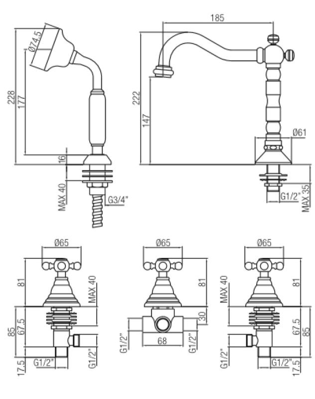 PB klasická 5-otvorová vanová baterie s hvězdicovými úchyty bronz 1208855782
