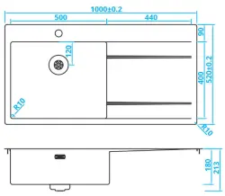 Caressi RVS Dřez vlevo s odkapem vpravo CAPP50ABL B100xL52 montáž na pracovní desku, pod pracovní desku a do roviny 1208921299