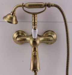 PB Nostalgická vanová baterie s ruční sprchou a bílou rukojetí Bronz