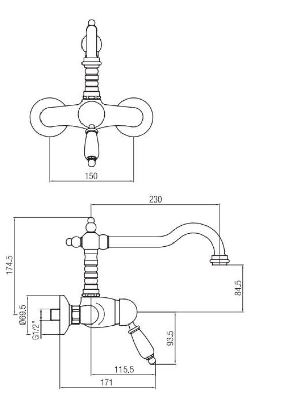 PB nostalgická nástěnná baterie s jednou pákou, bílá páka, chrom