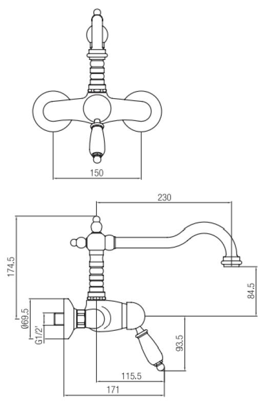 PB nostalgická nástěnná kohoutková baterie s bílou rukojetí Bronz