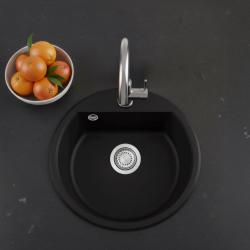 GraniteMy Bremen kulatý žulový dřez 43 cm černý nadstavbový a podstavbový s plochou pro baterii a nerezovou zátkou 1208953206