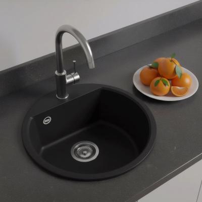 GraniteMy Bremen kulatý žulový dřez 43 cm černý nadstavbový a podstavbový s plochou pro baterii a nerezovou zátkou 1208953206