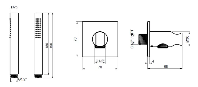 SB 316 čtvercová ruční sprcha se sprchovou hadicí a držákem z nerezové oceli