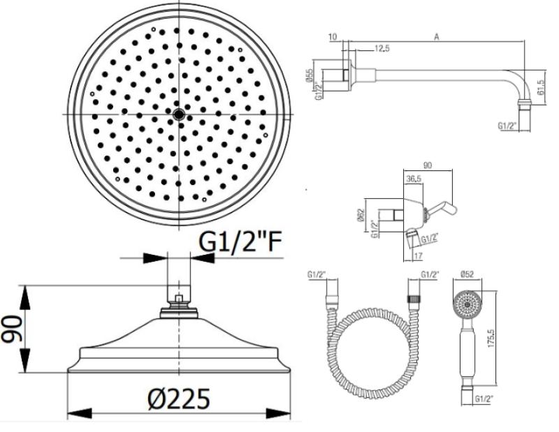 PB classic nostalgická klasická vestavěná sprchová sada chrom s ruční sprchou a dešťovou sprchou 225 mm 1208953841