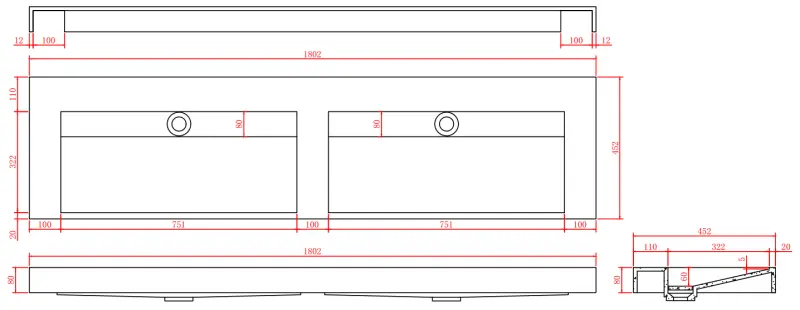 Solid-S Marble dvojité umyvadlo z pevného povrchu, černý mramor matný, bez otvoru pro baterii, s pevnou krytkou, rozměry B180xD45xH8 1208953889.