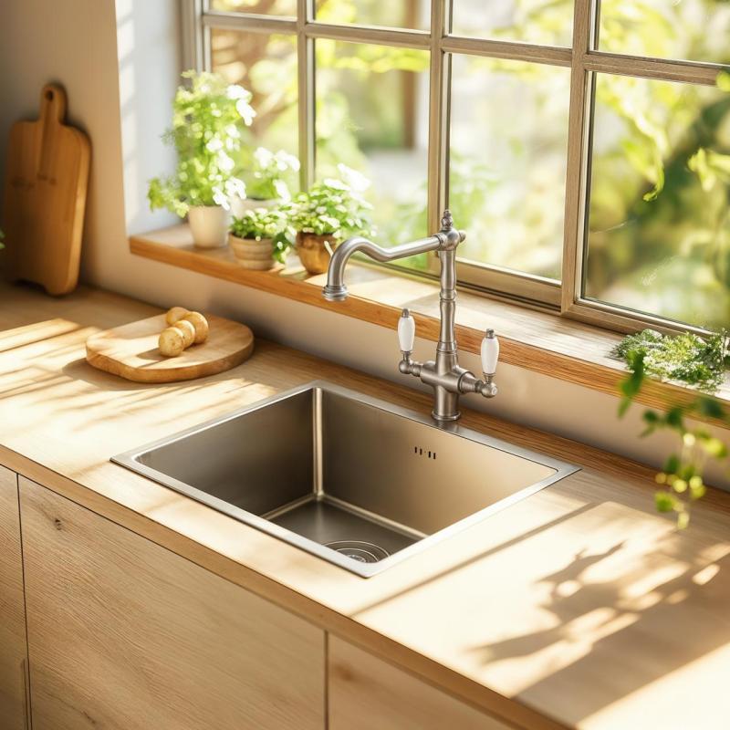 PB Nostalgický klasický venkovský kuchyňský kohoutek z nerezové oceli s bílými rukojeťmi 1208953915