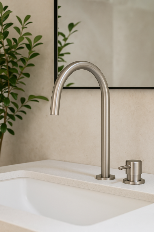 Waterevolution Flow 2otvorová umyvadlová baterie, celonerezová, s vysokým výtokem 200 mm T1122UIE