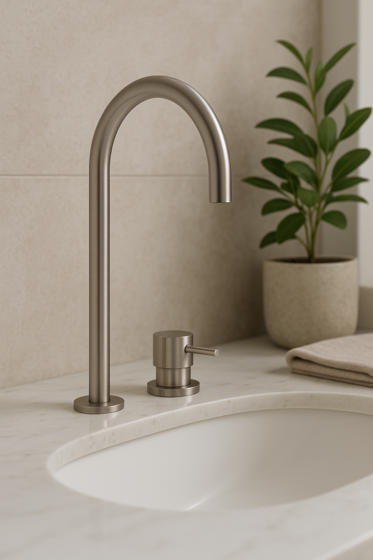 Waterevolution Flow 2otvorová umyvadlová baterie, celonerezová, s vysokým výtokem 200 mm T1122UIE