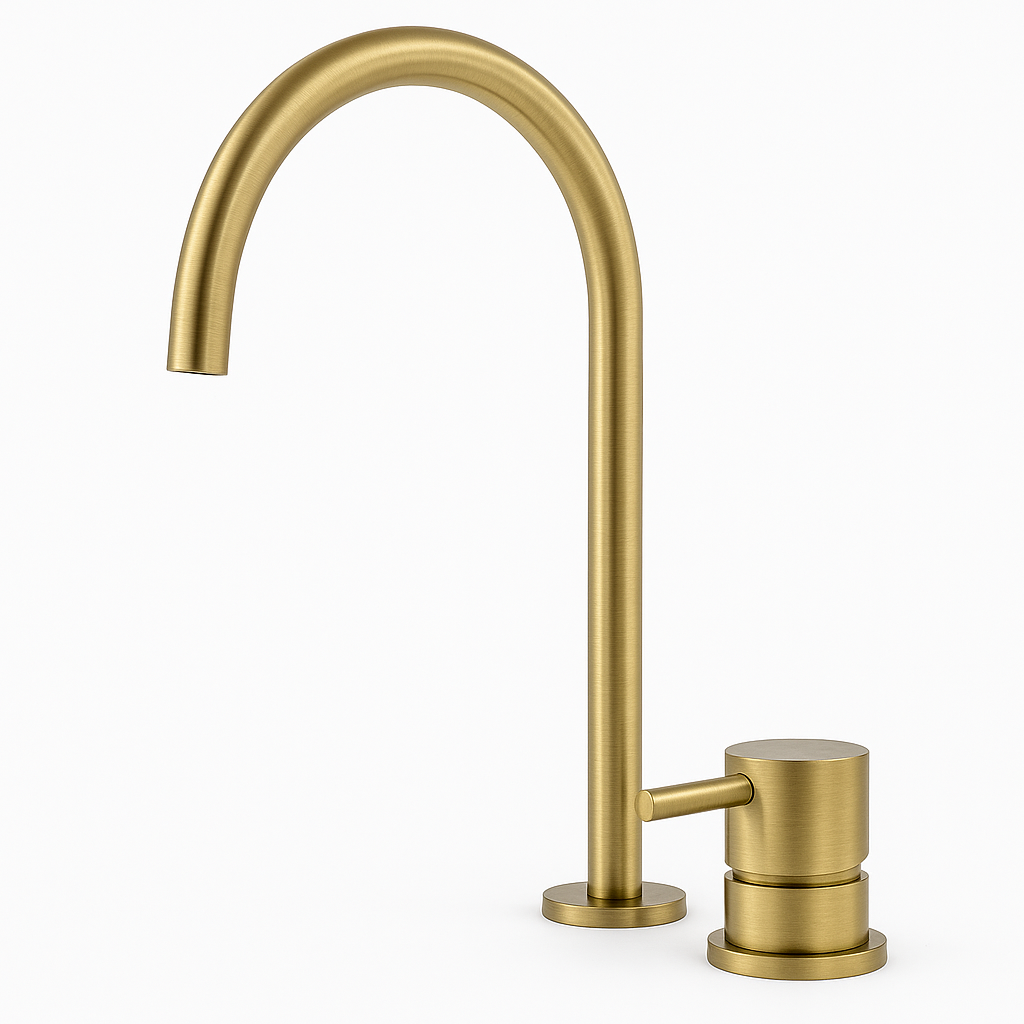 Waterevolution Flow 2-otvorová umyvadlová baterie kartáčovaná mosaz s vysokým U 200mm výtokem T1122ULE