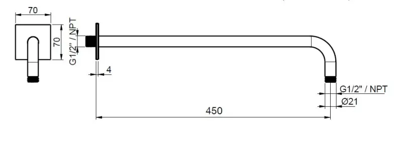 SB Square 316 nástěnné sprchové rameno kulaté 35 cm s čtvercovou rozetou masivní kartáčovaná 316 nerezová ocel