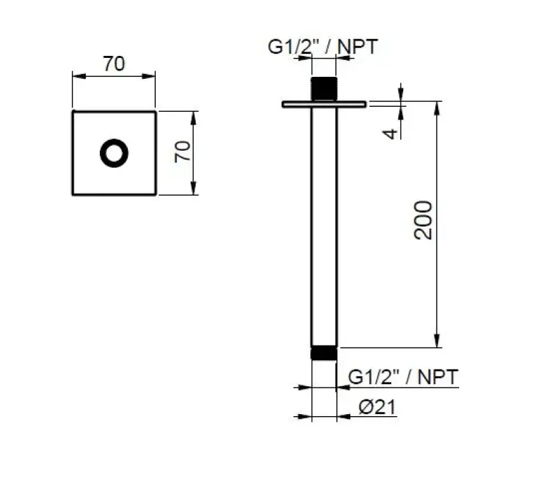 SB Square 316 stropní sprchové rameno kulaté 20 cm kartáčovaná masivní 316 nerezová ocel