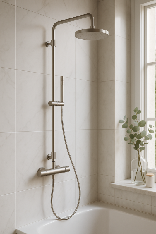 Waterevolution Flow sprchová kombinace s termostatem a dešťovou sprchou, kompletně z nerezové oceli T141TIE