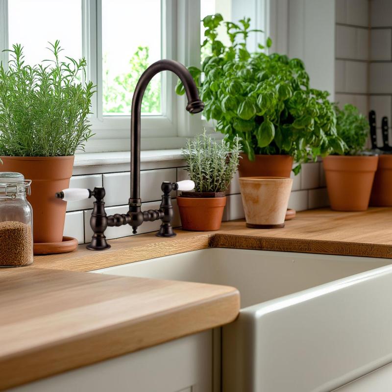 PB Nostalgická kuchyňská baterie tmavá měď, kulatý výtok s bílými rukojeťmi 1208954666