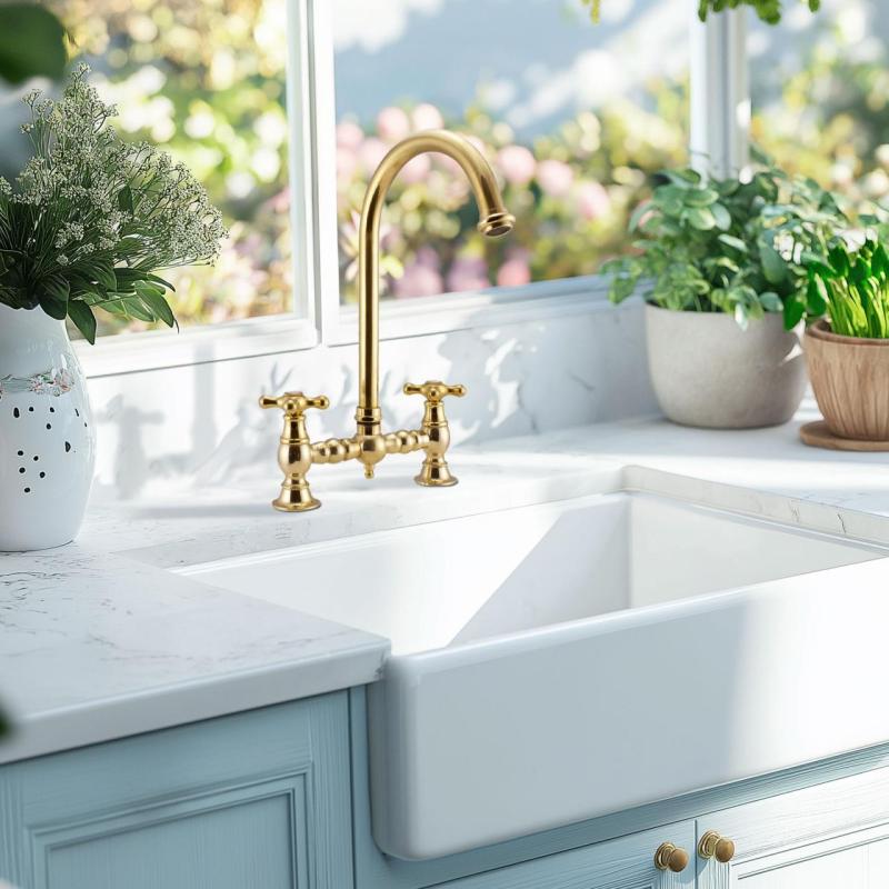 PB Nostalgická kuchyňská baterie z přírodního mosazi s kulatým výtokem a hvězdicovými rukojeťmi 1208954669