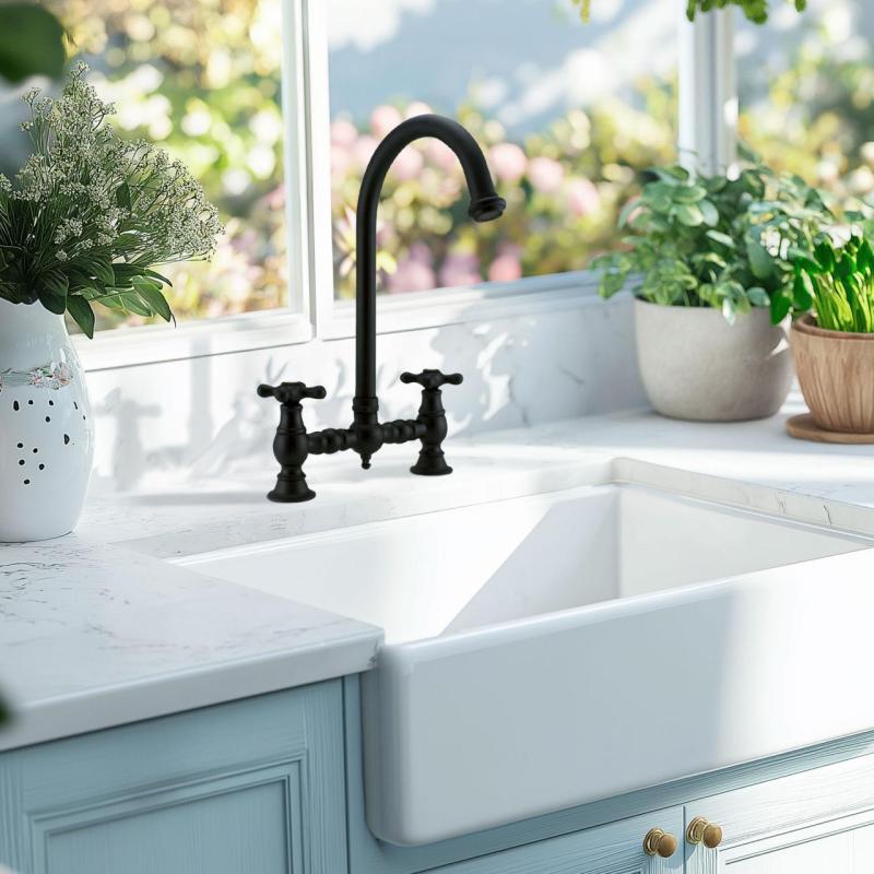 PB Nostalgická kuchyňská baterie s černým matným povrchem, kulatým výtokem a hvězdicovými kohoutky 1208954671