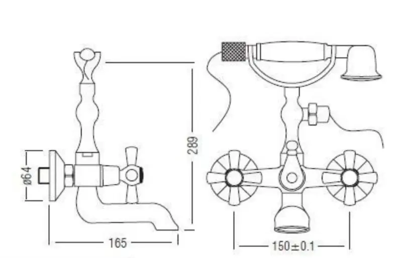 Aquadesign Marseille klasická nástěnná vanová baterie s hvězdicovými kohoutky, bronzová, včetně ruční sprchy