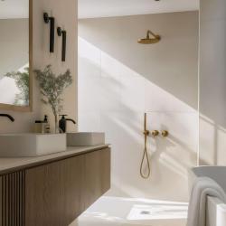 Waterevolution Flow vestavěná sprchová sada s termostatem, dešťovou sprchou a ruční sprchou, kartáčovaná mosaz.