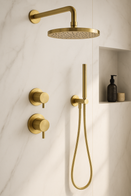 Waterevolution Flow concealed shower set with thermostat rain shower and hand shower brushed brass