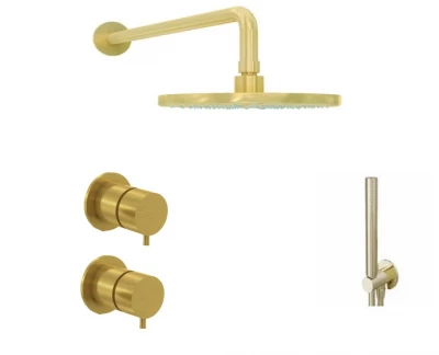 Waterevolution Flow concealed shower set with thermostat rain shower and hand shower brushed brass