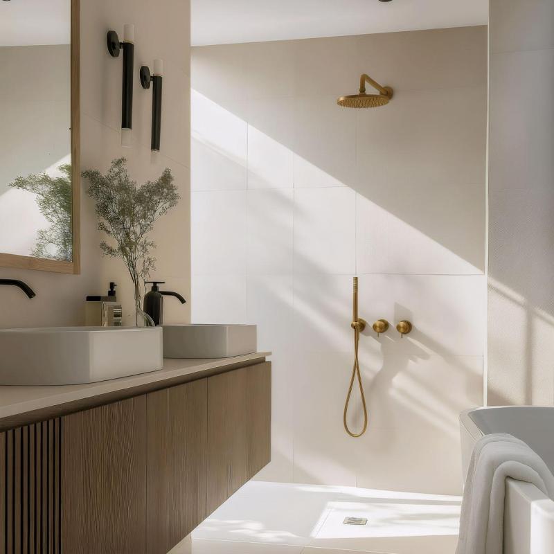 Waterevolution Flow vestavěná sprchová sada s termostatem, dešťovou sprchou a ruční sprchou, kartáčovaná mosaz.