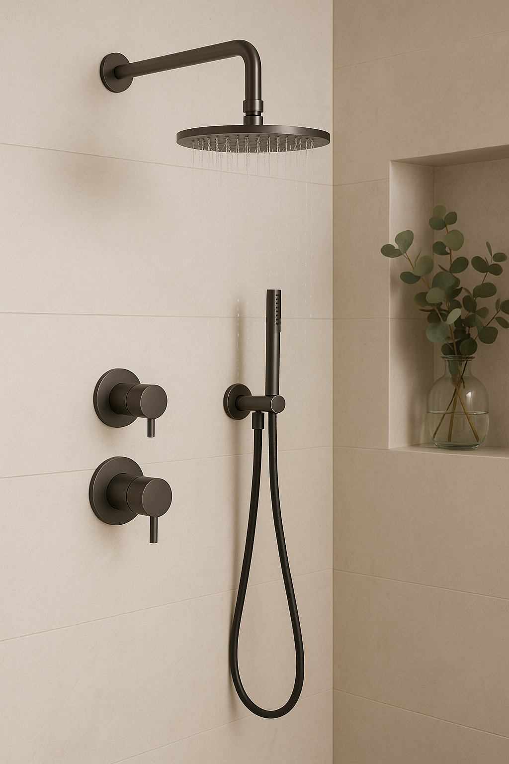 Waterevolution Flow vestavěná sprchová sada s termostatem, dešťovou sprchou a ruční sprchou, gun metal