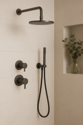 Waterevolution Flow vestavěná sprchová sada s termostatem, dešťovou sprchou a ruční sprchou, gun metal