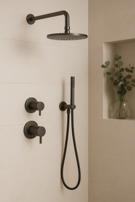 Waterevolution Flow concealed shower set with thermostat rain shower and hand shower gun metal