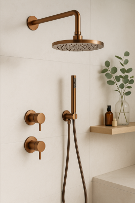 Waterevolution Flow recessed shower set with thermostat rain shower and hand shower brushed copper PVD
