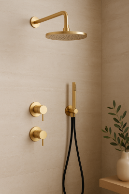 Waterevolution Flow concealed shower set with thermostat rain shower and hand shower brushed light gold PVD