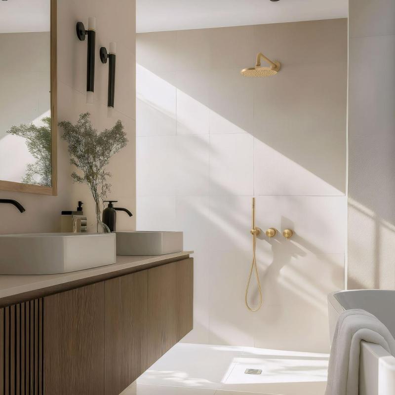 Waterevolution Flow vestavěná sprchová sada s termostatem, dešťovou sprchou a ruční sprchou, kartáčovaná světlá zlatá PVD