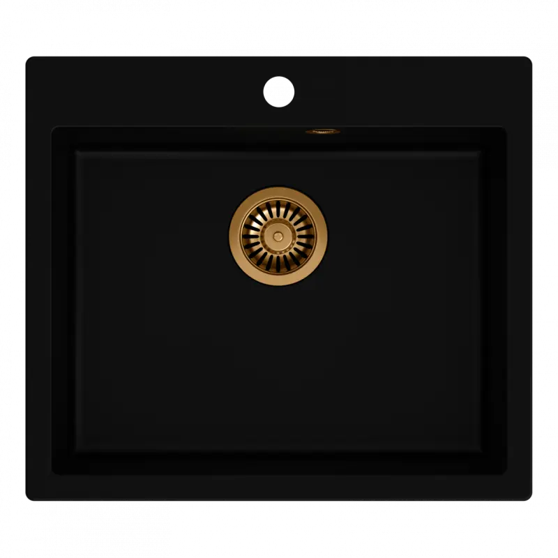 Quadri Sheffield černý žulový vestavný dřez 57x50 cm s otvorem pro baterii a měděnou zátkou 1208956115