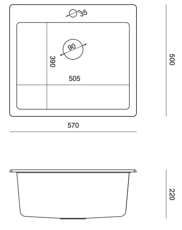 Quadri Sheffield černý žulový vestavný dřez 57x50 cm s otvorem pro baterii a měděnou zátkou 1208956115