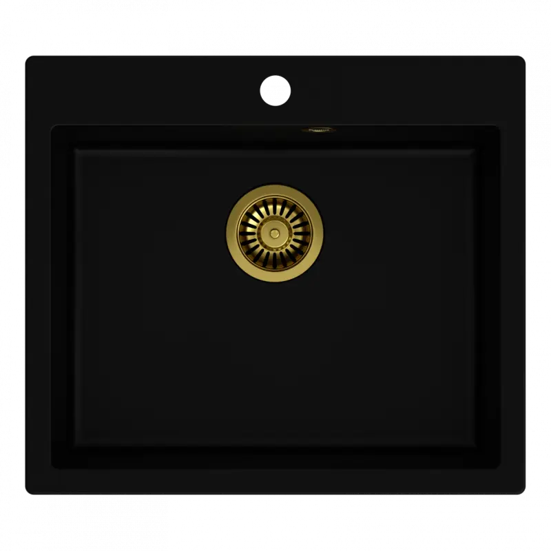 Quadri Sheffield černý žulový vestavný dřez 57x50 cm s otvorem pro baterii a zlatou výpustí 1208956116